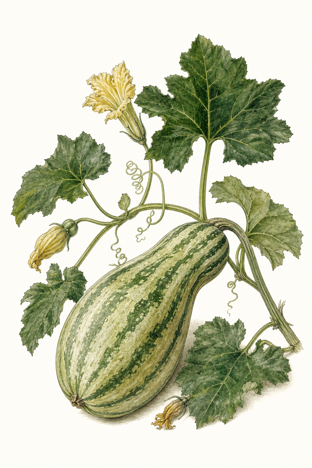 Botanical illustration of Green Striped Cushaw