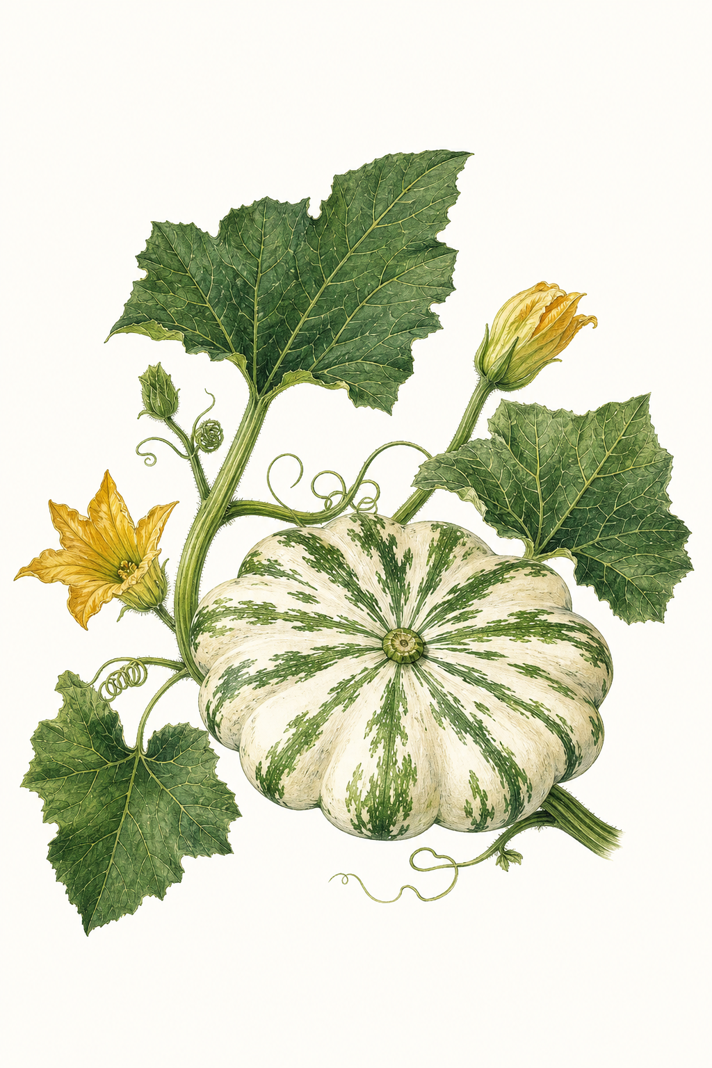 Botanical illustration of Patisson Panache Blanc Et Vert