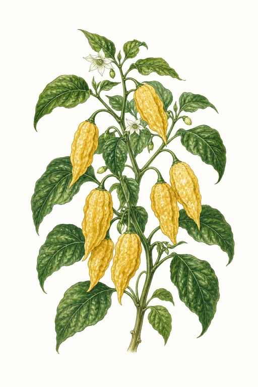 Botanical illustration of Yellow Bhut Jolokia