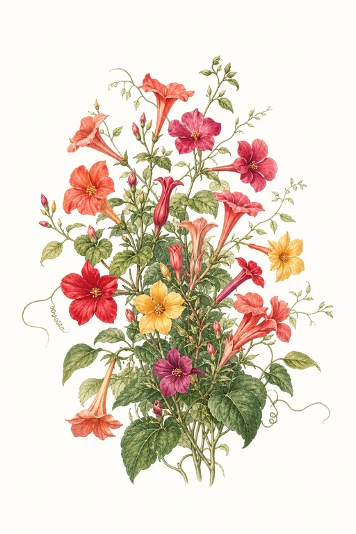 Botanical illustration of Butterfly & Hummingbird Mix