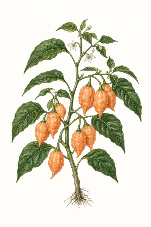 Botanical illustration of Peach Bhut Jolokia