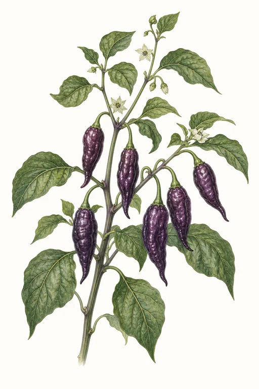 Botanical illustration of Purple Bhut Jolokia