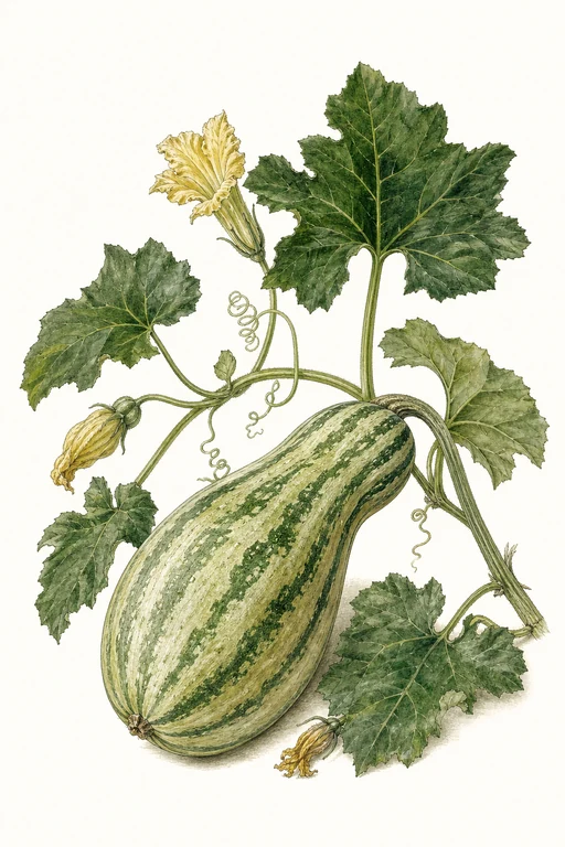 Botanical illustration of Green Striped Cushaw