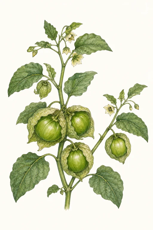 Botanical illustration of Green Tomatillo de Oaxaca