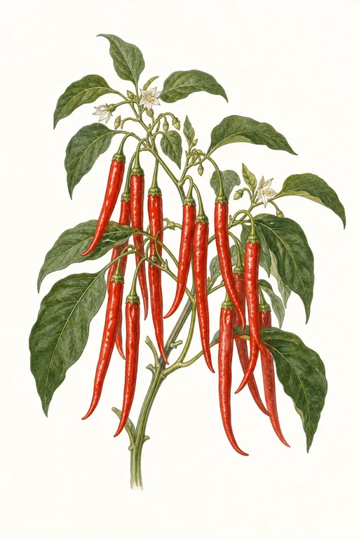 Botanical illustration of Long Red Cayenne