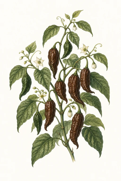Botanical illustration of Chocolate Bhut Jolokia