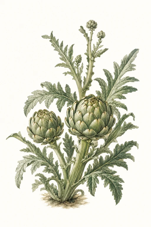 Botanical illustration of Cynara scolymus 'Baby'