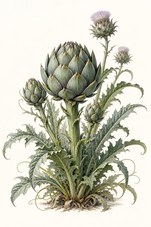 Botanical illustration of Cynara scolymus 'Italian'