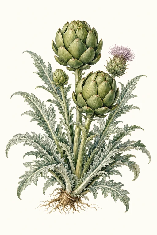 Botanical illustration of Cynara scolymus 'Spineless'