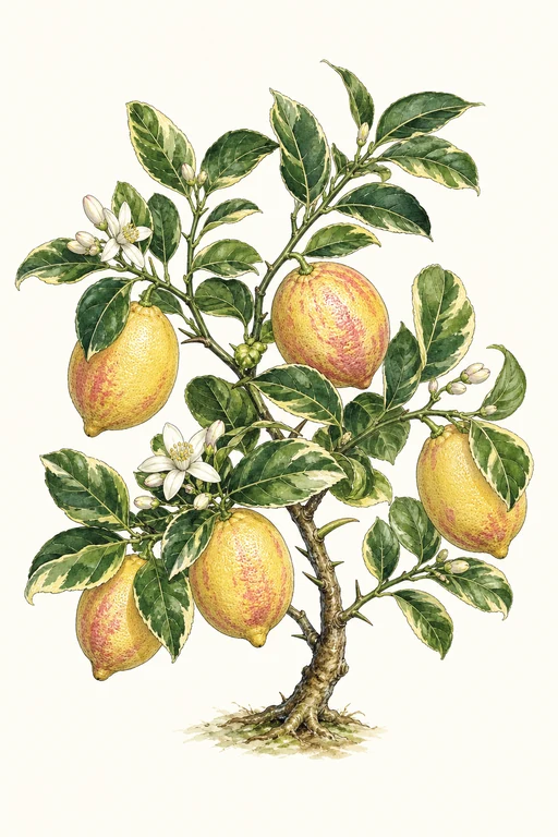 Botanical illustration of Variegated Pink Lemon