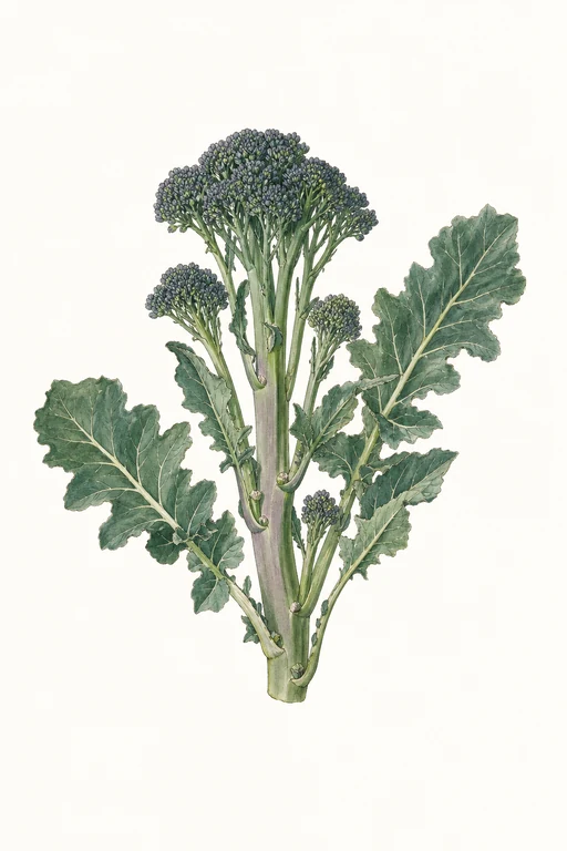 Botanical illustration of Purple Sprouting Broccoli