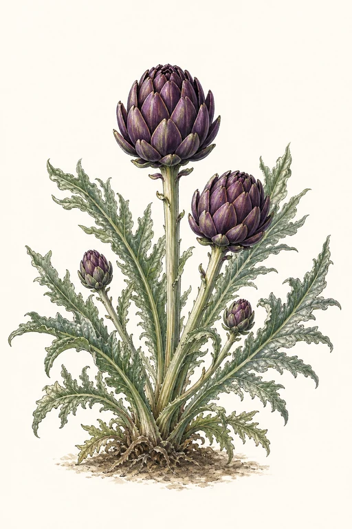 Botanical illustration of Cynara scolymus 'Purple'