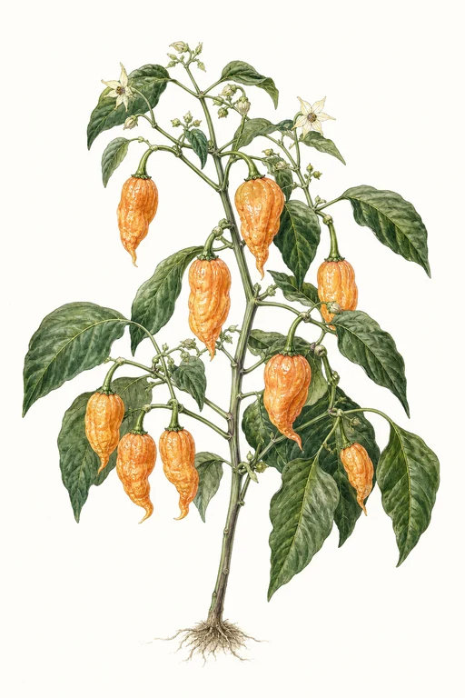 Botanical illustration of Bhut Jolokia Peach